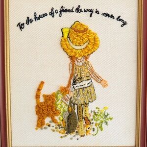 Vintage 60s Embroidered Wall Art Girl w Cat Framed Needlework Boho Cottage Decor